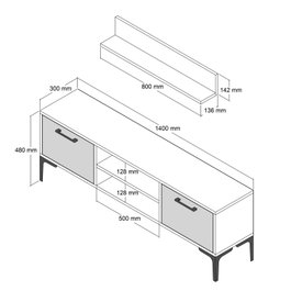 Hanah Home Mueble TV Riga Blanco 140x48x30cm Tablero Melamina 18mm Estante Pared 80cm